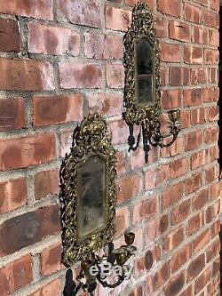 Gorgeous Pair Of Antique Brass 3 Candle Wall Sconces With Figural Bacchus Motif