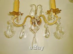Gorgeous Pair Vintage Crystal Droplet Sconces Wall Lights Lamps French Bronze