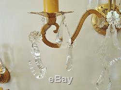 Gorgeous Pair Vintage Crystal Droplet Sconces Wall Lights Lamps French Bronze