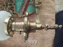 Great antique brass Scottish motif w. Stained glass shield light wall sconce