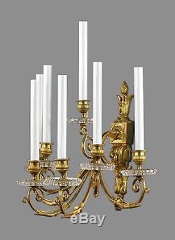 HUGE Period Antique Bronze & Crystal Wall Sconces c1880 Vintage Gold Wall Lights