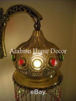 Handcrafted Moroccan Home Decor Brass Jeweled Sconce Wall Lamp Light