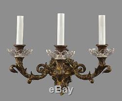 Heavy Cast Bronze & Crystal Wall Sconces c1900 Vintage Antique French Lights