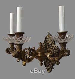 Heavy Cast Bronze & Crystal Wall Sconces c1900 Vintage Antique French Lights