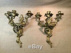 Heavy Pair Louis XV French Wall Sconce Gold Brass Cast Three Arm Candle