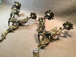 Heavy Pair Louis XV French Wall Sconce Gold Brass Cast Three Arm Candle