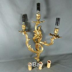 Heavy Pair of French Antique Bronze Rococo Chateau Style Wall Sconces Lights