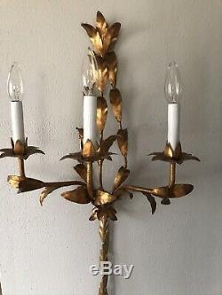 Hollywood Regency Gold Gilt 3 Light Electric Wall Sconce