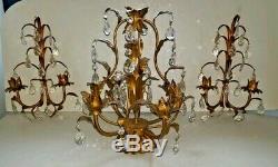 Hollywood Regency Golden Age Italian Tole w Prisms Wall Sconces Candelabra Group