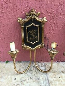 Hollywood Regency Lampcrafters Chinese Chippendale Pagoda Wall Light Sconces