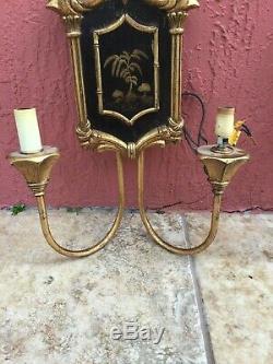 Hollywood Regency Lampcrafters Chinese Chippendale Pagoda Wall Light Sconces