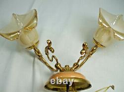 Hollywood Regency Wall Sconce Lamp 2 Arm Brass Porcelain Tulip Frosted Shades