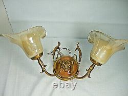 Hollywood Regency Wall Sconce Lamp 2 Arm Brass Porcelain Tulip Frosted Shades