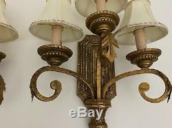 Hollywood regency PAIR Metal gold gilt Ceramic wall lights sconces Toleware DECO