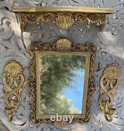 Homco Hollywood Regency Wall Mirror, Shelf, 2 Candle Wall Sconces Vintage Gold