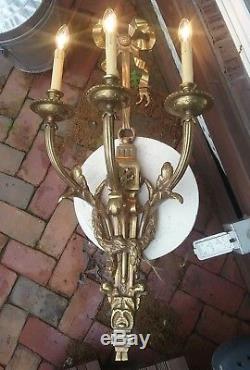 Huge Pair Of Italian Rococo Brass Electrified 3 Candled Wall Sconces Exquisite