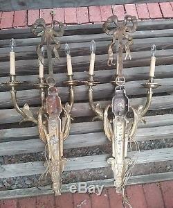 Huge Pair Of Italian Rococo Brass Electrified 3 Candled Wall Sconces Exquisite