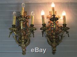 Huge Pair Vintage Antique Spanish Brass Three Arm Wall Sconces 17 Tall