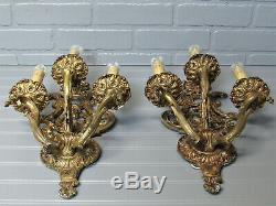 Huge Pair Vintage Antique Spanish Brass Three Arm Wall Sconces 17 Tall