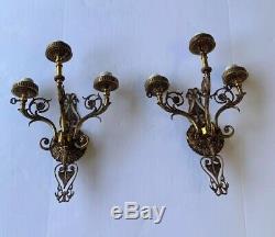 Huge Pair Vintage Antique Spanish Brass Three Arm Wall Sconces 20Tall X14 Wide