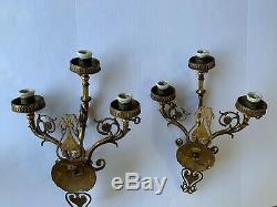 Huge Pair Vintage Antique Spanish Brass Three Arm Wall Sconces 20Tall X14 Wide