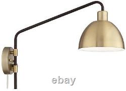 Industrial Swing Arm Wall Lamps Set of 2 Brass Bronze Plug-In Dome Shade Bedroom
