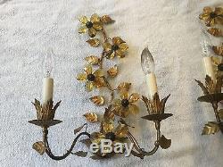 Italian BAGUES Style Crystal Flower Tole Wall Sconce Pair 2 Arm Lamp Sconces