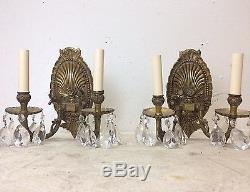 Italian Brass & Crystal Sconces c1950 Vintage Antique French Style Gold Wall