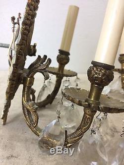 Italian Brass & Crystal Sconces c1950 Vintage Antique French Style Gold Wall