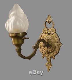 Italian Brass & Flame Glass Sconces c1950 Vintage Antique Gold Wall Lights