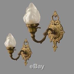 Italian Brass & Flame Glass Sconces c1950 Vintage Antique Gold Wall Lights