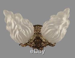 Italian Brass & Glass Flame Shade Sconces c1950 Vintage Antique Restored Wall