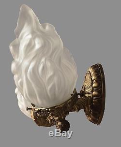 Italian Brass & Glass Flame Shade Sconces c1950 Vintage Antique Restored Wall