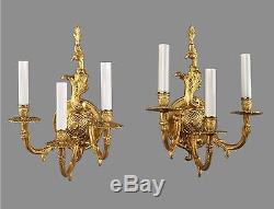 Italian Bronze Three Arm Sconces c1950 Vintage Antique Pair Wall Lights French S