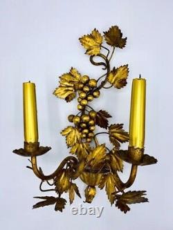 Italian Gold Gilded Tole Leaf Wall Sconces, a Pair