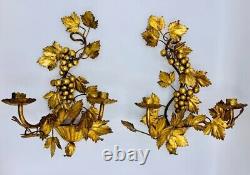 Italian Gold Gilded Tole Leaf Wall Sconces, a Pair