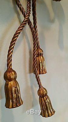Italian Hollywood Regency Tole Metal Gold Gilt Rope Tassel Wall Candle Sconce