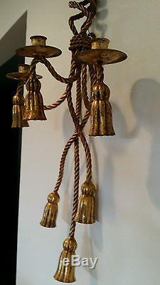 Italian Hollywood Regency Tole Metal Gold Gilt Rope Tassel Wall Candle Sconce