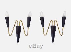Italian Mid Century Wall Sconces Metal Cone 2 Arm Wall Lamps 1950s brass black