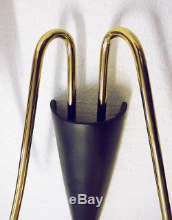 Italian Mid Century Wall Sconces Metal Cone 2 Arm Wall Lamps 1950s brass black