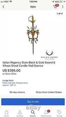Italian Regency Style Black & Gold Sword & Wheat Palladio Candle Wall Sconce