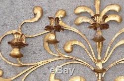 Italian TOLE Metal Candleholder Wall Sconce Flowers Creme Gold Hollywood Regency