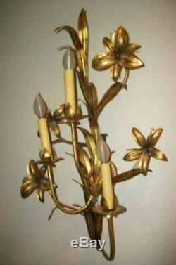 Italian Tole Gilt Lily Sconce Wall Lamp Light Paris Apt Vintage MID Century