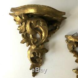 Italian Wall Sconce Shelves Gilt Florentine Art Wood Vintage Carved Pair Gold