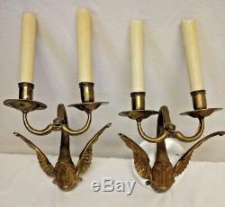 JUST REDUCED Pair Brass French Empire Swan Figural Wall Sconces Hardwire