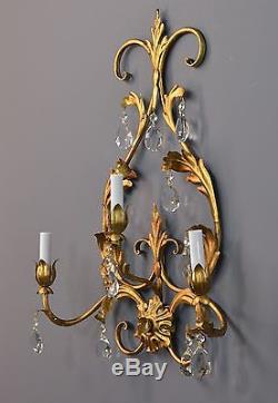 LARGE Gilded Tole French Crystal Wall Sconces c1950 Vintage Antique French Ornat