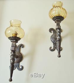 LARGE PAIR WROUGHT IRON SCONCES WALL LIGHTS GOLD GLASS SHADES 1970's
