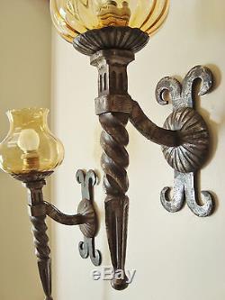 LARGE PAIR WROUGHT IRON SCONCES WALL LIGHTS GOLD GLASS SHADES 1970's