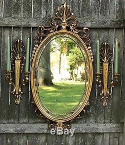 LARGE Vintage Syroco Gold Scroll Hollywood Regency Ornate Wall Mirror + Sconces