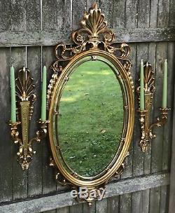 LARGE Vintage Syroco Gold Scroll Hollywood Regency Ornate Wall Mirror + Sconces
